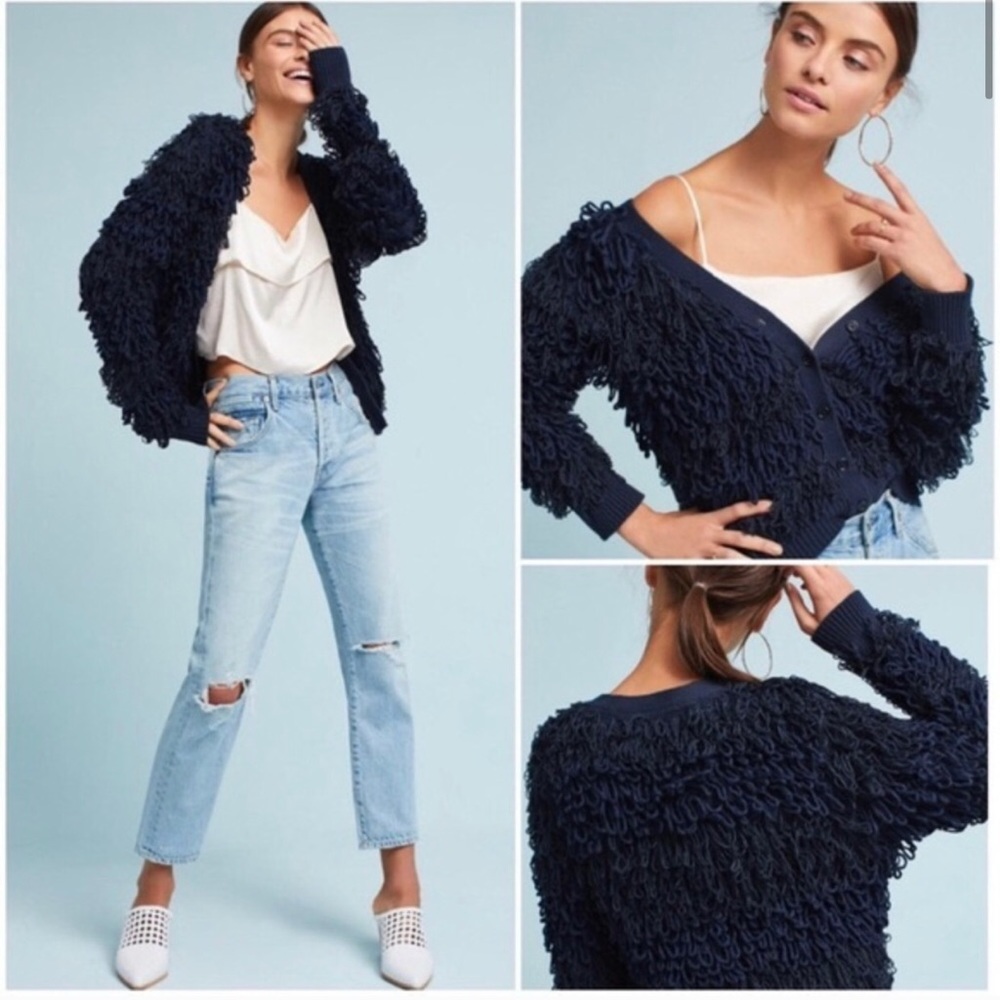 Anthropologie Larissa Shaggy Cardigan Navy Button - Picture 2 of 7